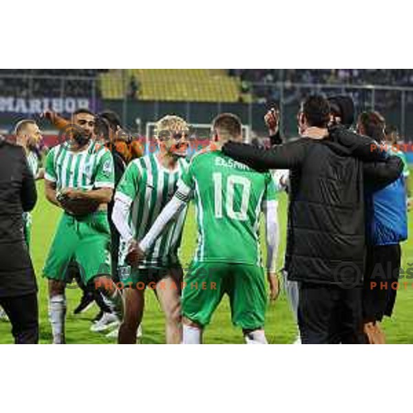 Agustin Doffo and Timi Max Elsnik of Olimpija celebrate victory at Pivovarna Union Slovenian Cup match between Olimpija and Maribor in Celje on May 6, 2023
