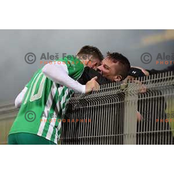 Timi Max Elsnik and fans of Olimpija celebrate victory at Pivovarna Union Slovenian Cup match between Olimpija and Maribor in Celje on May 6, 2023