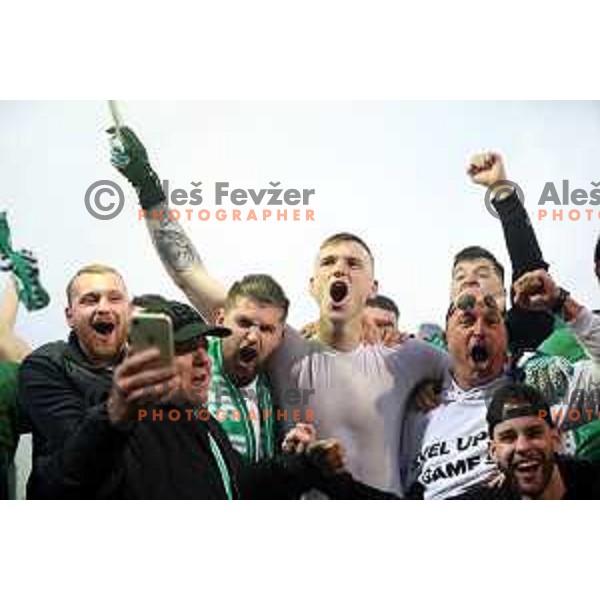 Matevz Vidovsek and fans of Olimpija celebrate victory at Pivovarna Union Slovenian Cup match between Olimpija and Maribor in Celje on May 6, 2023