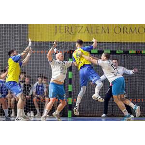 Aleks Vlah in action during handball Slovenian Cup match between Jerusalem Ormoz and Celje Pivovarna Lasko in Ormoz on May 7, 2023