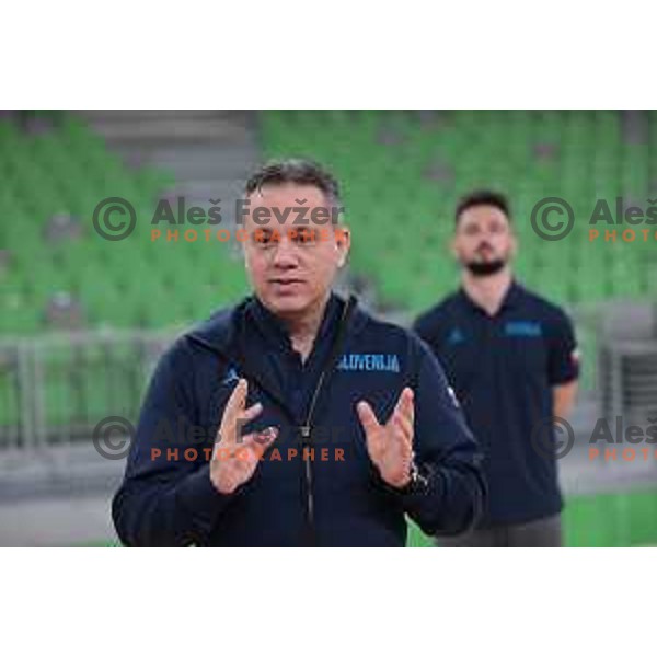 Georgios Dikaioulakos, head coach of Slovenia Women\'s Basketball team during practice session in Arena Stozice, Ljubljana on May 8, 2023