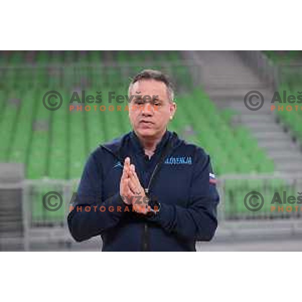 Georgios Dikaioulakos, head coach of Slovenia Women\'s Basketball team during practice session in Arena Stozice, Ljubljana on May 8, 2023