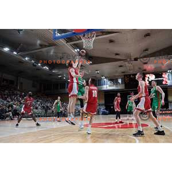 Karlo Matkovic in action during the third match of the quarter-final of the ABA league between Cedevita Olimpija and FMP in Ljubljana, Slovenia on May 13, 2023