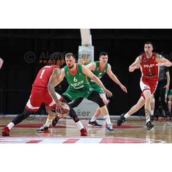 Marko Jeremic in action during the third match of quarter-final of ABA league between Cedevita Olimpija and FMP in Ljubljana, Slovenia on May 13, 2023