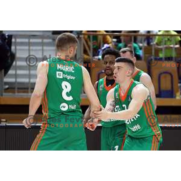 Edo Muric and Matic Rebec celebrate victory at the third match of the quarter-final of the ABA league between Cedevita Olimpija and FMP in Ljubljana, Slovenia on May 13, 2023