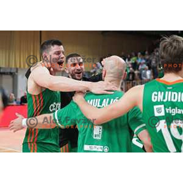 Amar Alibegovic and Rok Radovic celebrate victory at the third match of the quarter-final of the ABA league between Cedevita Olimpija and FMP in Ljubljana, Slovenia on May 13, 2023