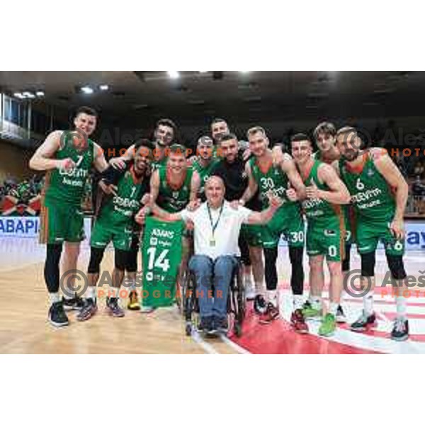 Players of Cedevita Olimpija celebrate victory at the third match of the quarter-final of the ABA league between Cedevita Olimpija and FMP in Ljubljana, Slovenia on May 13, 2023