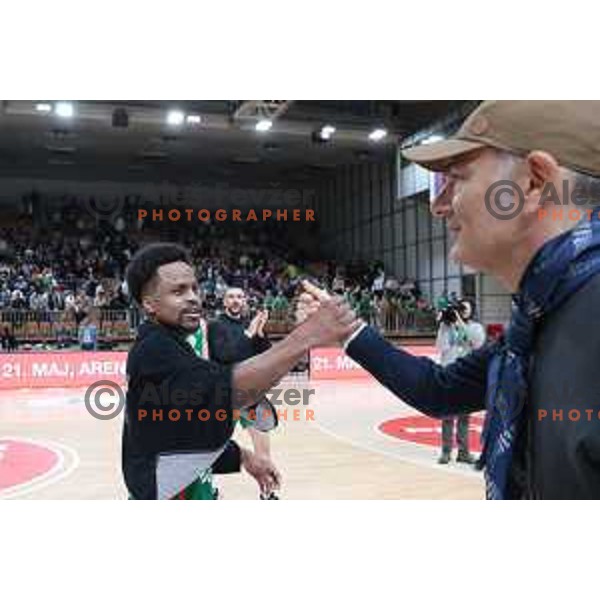 Yogi Ferrell and Emil Tedeschi celebrate victory at the third match of the quarter-final of the ABA league between Cedevita Olimpija and FMP in Ljubljana, Slovenia on May 13, 2023