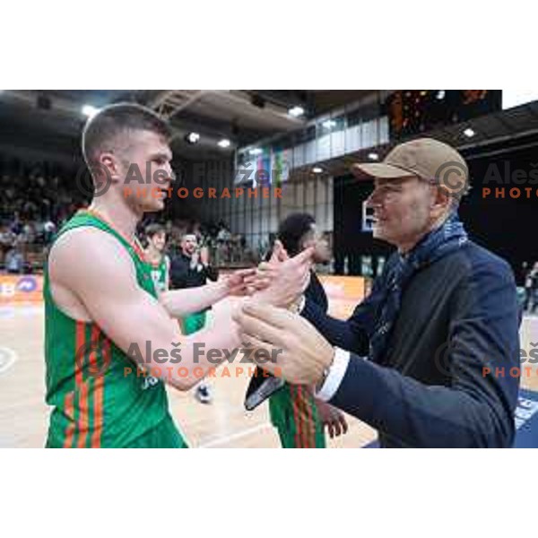 Edo Muric and Emil Tedeschi celebrate victory at the third match of the quarter-final of the ABA league between Cedevita Olimpija and FMP in Ljubljana, Slovenia on May 13, 2023