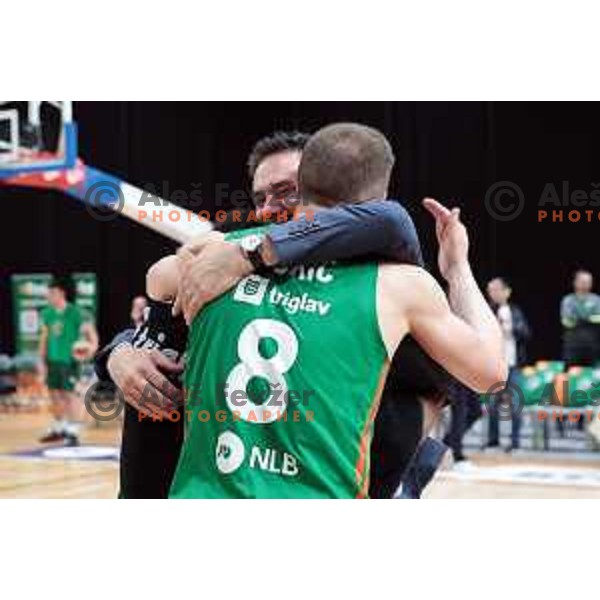 Edo Muric and Davor Uzbinec celebrate victory at the third match of the quarter-final of the ABA league between Cedevita Olimpija and FMP in Ljubljana, Slovenia on May 13, 2023