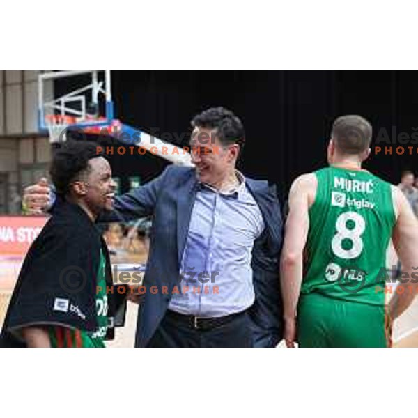 Yogi Ferrell and Davor Uzbinec celebrate victory at the third match of the quarter-final of the ABA league between Cedevita Olimpija and FMP in Ljubljana, Slovenia on May 13, 2023