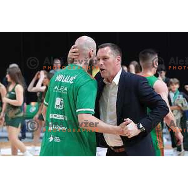 Mirko Mulalic and Kresimir Novosel celebrate victory at the third match of the quarter-final of the ABA league between Cedevita Olimpija and FMP in Ljubljana, Slovenia on May 13, 2023