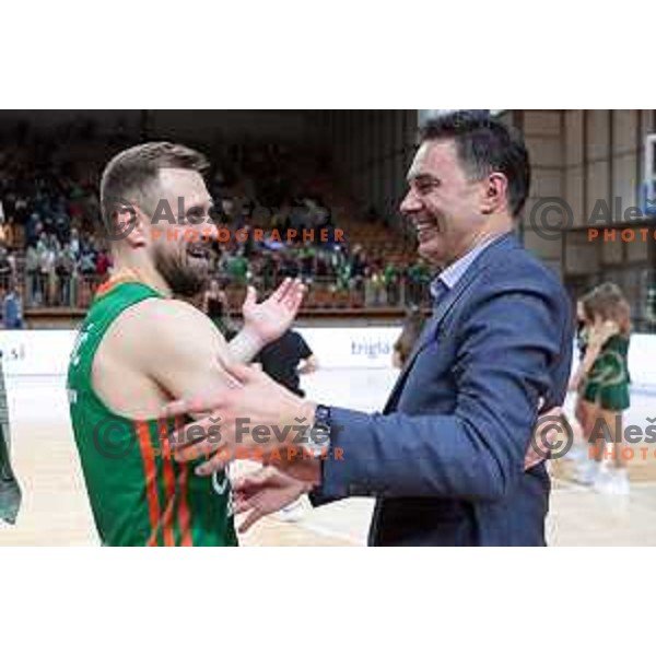 Marko Jeremic and Davor Uzbinec celebrate victory at the third match of the quarter-final of the ABA league between Cedevita Olimpija and FMP in Ljubljana, Slovenia on May 13, 2023