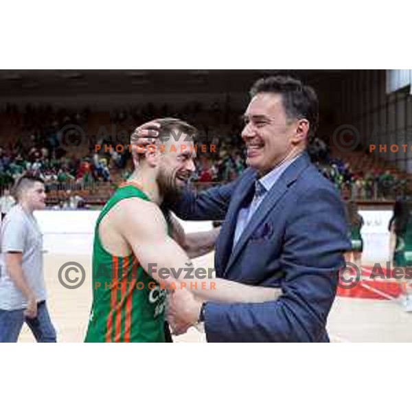 Marko Jeremic and Davor Uzbinec celebrate victory at the third match of the quarter-final of the ABA league between Cedevita Olimpija and FMP in Ljubljana, Slovenia on May 13, 2023