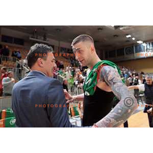 Davor Uzbinec and Alen Omic celebrate victory at the third match of the quarter-final of the ABA league between Cedevita Olimpija and FMP in Ljubljana, Slovenia on May 13, 2023
