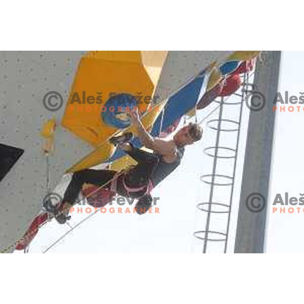Luka Potocar climbs during Free-climbing Lead National Championship at Bonifika Park, Koper, Slovenia on May 13, 2023