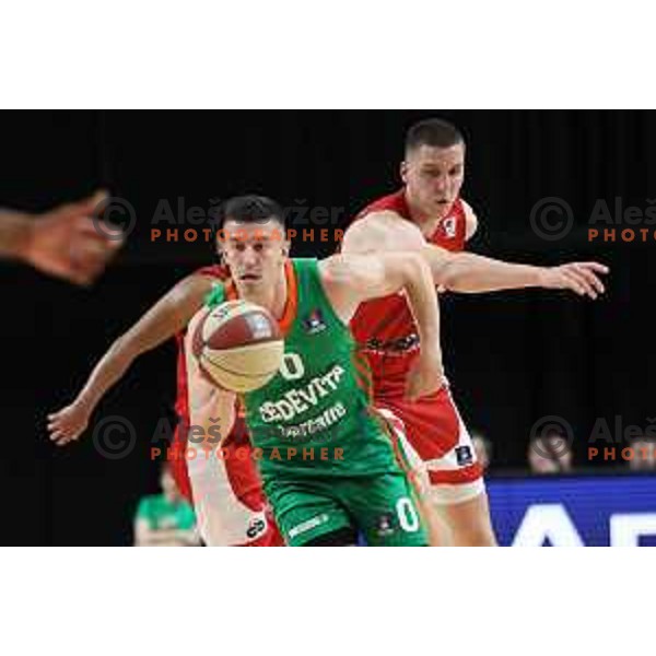 Matic Rebec in action during the third match of the quarter-final of the ABA league between Cedevita Olimpija and FMP in Ljubljana, Slovenia on May 13, 2023