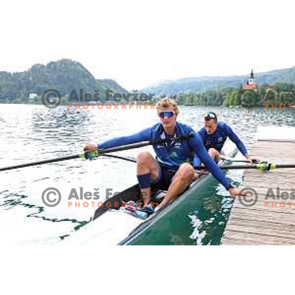 Nik Krebs and Jaka Cas during Slovenia Rowing team practice on Lake Bled, Slovenia on May 18, 2023