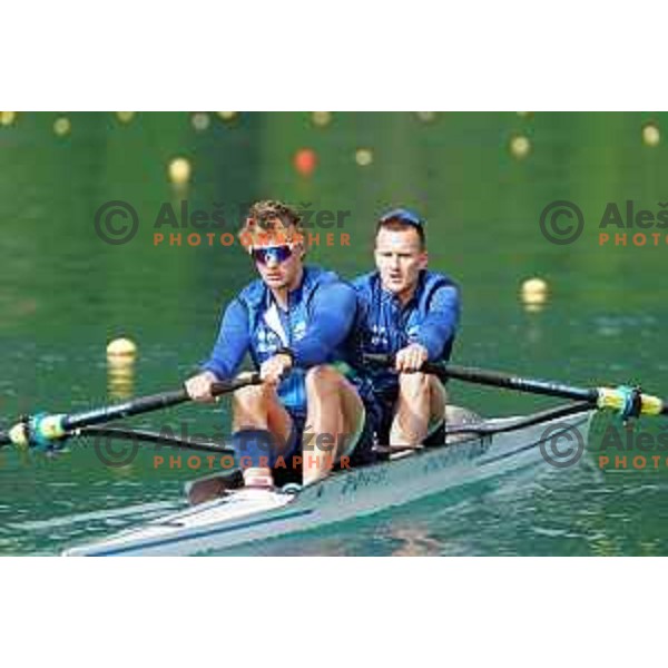 Nik Krebs and Jaka Cas during Slovenia Rowing team practice on Lake Bled, Slovenia on May 18, 2023