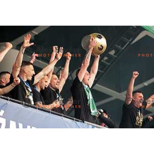 Players of Olimpija and fans celebrate title of Prva Liga Telemach 2022-2023 in SRC Stozice, Ljubljana, Slovenia on May 20, 2023