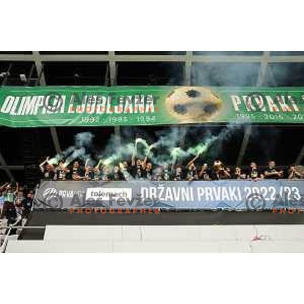 Players of Olimpija and fans celebrate title of Prva Liga Telemach 2022-2023 in SRC Stozice, Ljubljana, Slovenia on May 20, 2023