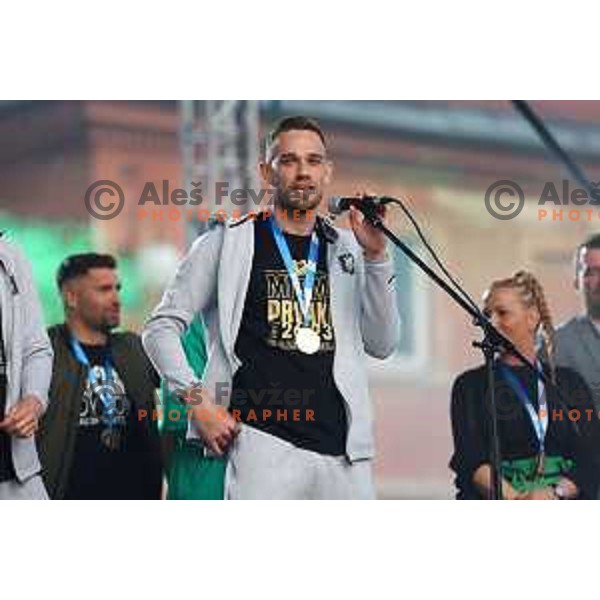 Timi Max Elsnik during championship celebration of Olimpija in Kongresni trg, Ljubljana, Slovenia on May 20, 2023. Foto: Filip Barbalic
