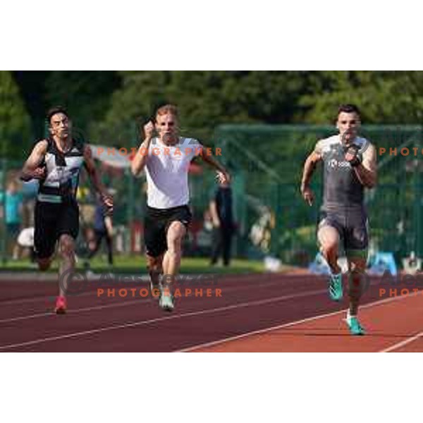 Anej Curin Prapotnik runs at 100 meters at International Track and Field Meeting in Slovenska Bistrica, Slovenia on May 27, 2023