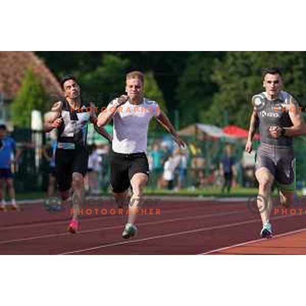Anej Curin Prapotnik runs at 100 meters at International Track and Field Meeting in Slovenska Bistrica, Slovenia on May 27, 2023