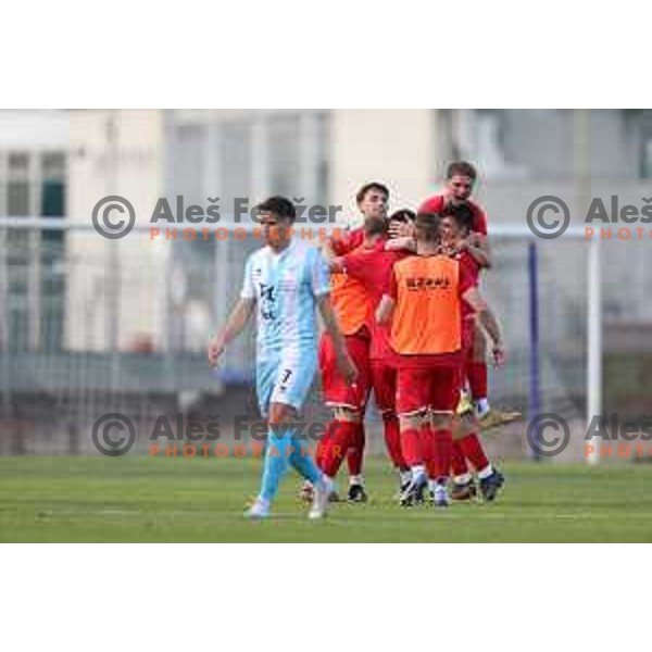 Players of Aluminij celebrate victory at Prva Liga Telemach play-off football match between Gorica and Aluminij in Nova Gorica on May 28, 2023 