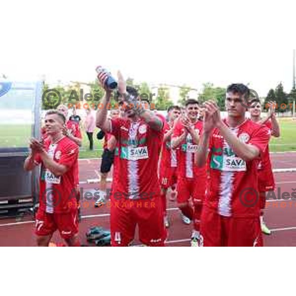 Players of Aluminij celebrate victory at Prva Liga Telemach play-off football match between Gorica and Aluminij in Nova Gorica on May 28, 2023 
