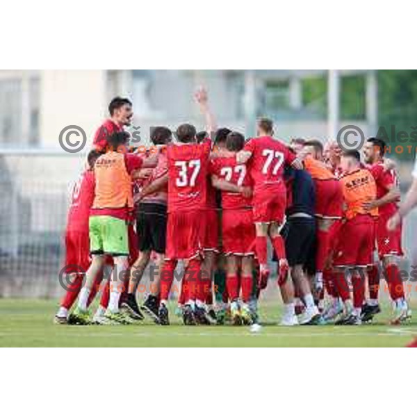 Players of Aluminij celebrate victory at Prva Liga Telemach play-off football match between Gorica and Aluminij in Nova Gorica on May 28, 2023