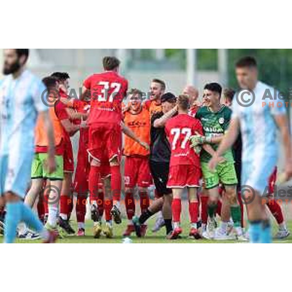Players of Aluminij celebrate victory at Prva Liga Telemach play-off football match between Gorica and Aluminij in Nova Gorica on May 28, 2023