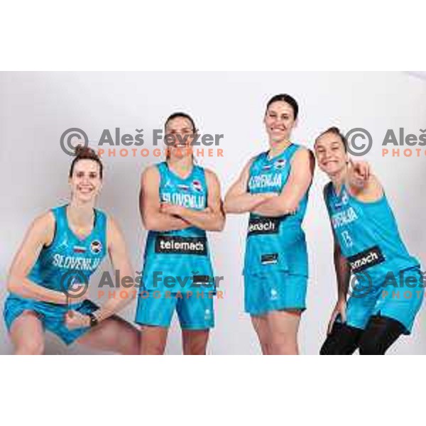 Eva Lisec, Teja Oblak, Tina Jakovina and Zala Friskovec of Slovenia Women\'s Basketball team during official photo shooting prior Women\'s Eurobasket 2023 in Zrece, Slovenia on May 10, 2023