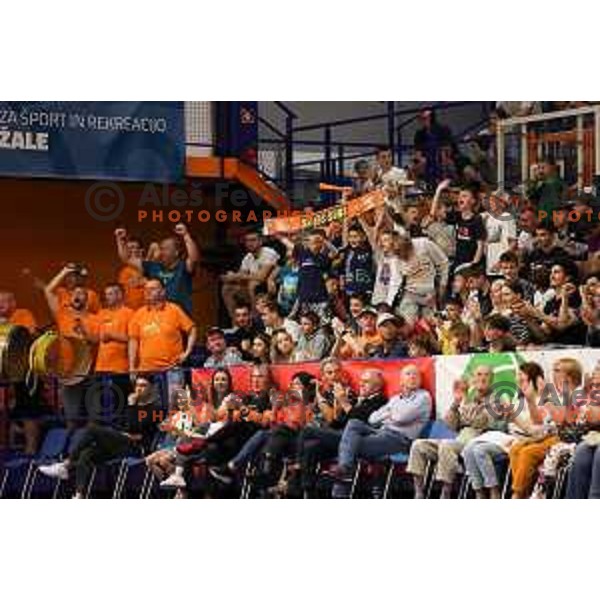 Fans of Helios Suns in action during the third game of The Final of Nova KBM league between Cedevita Olimpija and Helios Suns in Domzale, Slovenia on June 8, 2023 Foto: Filip Barbalic
