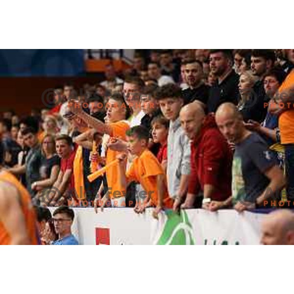 Fans of Helios Suns in action during the third game of The Final of Nova KBM league between Cedevita Olimpija and Helios Suns in Domzale, Slovenia on June 8, 2023 Foto: Filip Barbalic