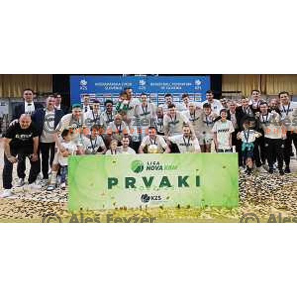 Players of Cedevita Olimpija celebrate the Title of Nova KBM league after beating Helios Suns in the Final in Hala Tivoli, Ljubljana, Slovenia on June 10, 2023