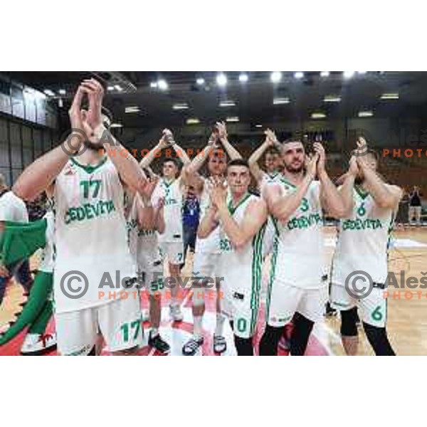 Players of Cedevita Olimpija celebrate the Title of Nova KBM league after beating Helios Suns in the Final in Hala Tivoli, Ljubljana, Slovenia on June 10, 2023