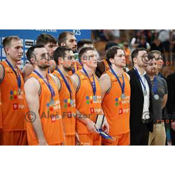 of Cedevita Olimpija celebrate the Title of Nova KBM league after beating Helios Suns in the Final in Hala Tivoli, Ljubljana, Slovenia on June 10, 2023. Foto: Filip Barbalic