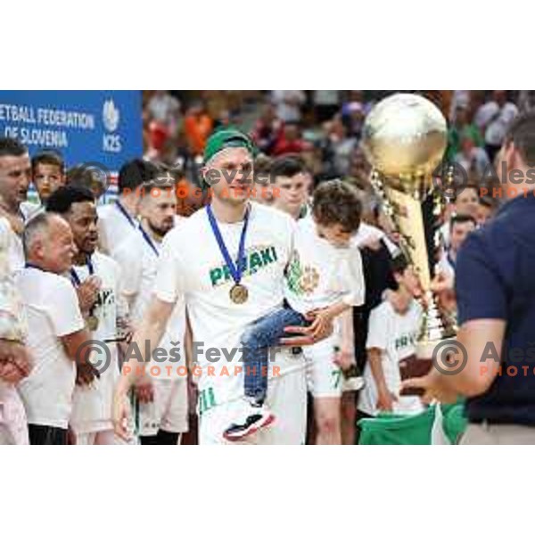 Edo Muric of Cedevita Olimpija celebrates the Title of Nova KBM league after beating Helios Suns in the Final in Hala Tivoli, Ljubljana, Slovenia on June 10, 2023. Foto: Filip Barbalic