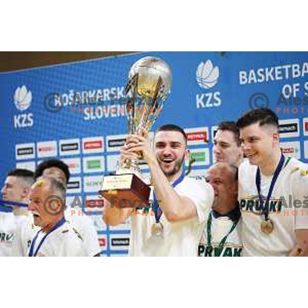 Rok Radovic of Cedevita Olimpija celebrates the Title of Nova KBM league after beating Helios Suns in the Final in Hala Tivoli, Ljubljana, Slovenia on June 10, 2023. Foto: Filip Barbalic