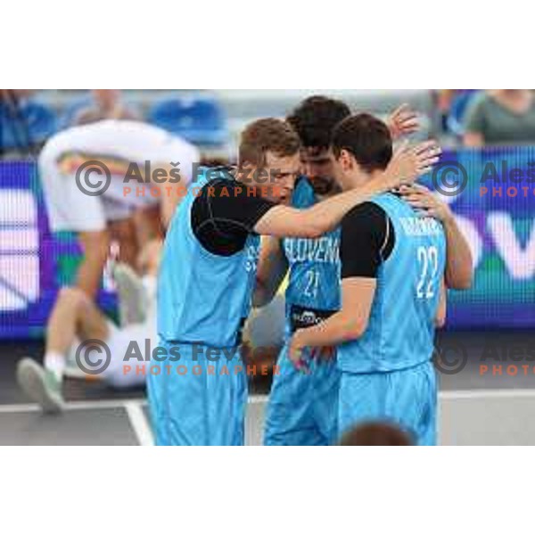 Jakob Strel, Jure Licen and Adrian Hirschmann (SLO) during 3x3 basketball men\'s preliminary round during European Games in Krakow, Poland on June 22, 2023. Foto: Filip Barbalic