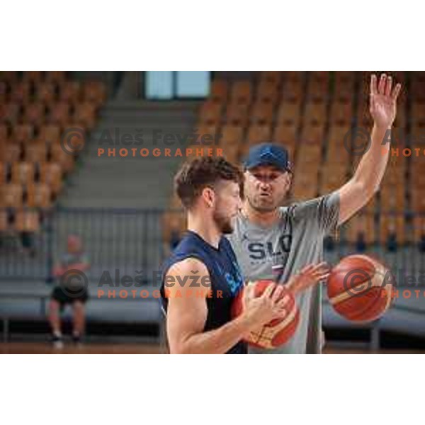 Aleksej Nikolic and Marko Milic of Slovenia National Basketball team during a practice session in Arena Zlatorog in Celje on July 18, 2023