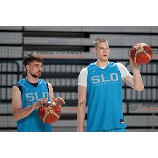 Urban Klavzar and Sasa Ciani of Slovenia National Basketball team during a practice session in Arena Zlatorog in Celje on July 18, 2023