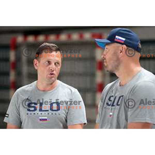 Aleksander Sekulic, head coach of Slovenia National Basketball team and Marko Milic during a practice session in Arena Zlatorog in Celje on July 18, 2023