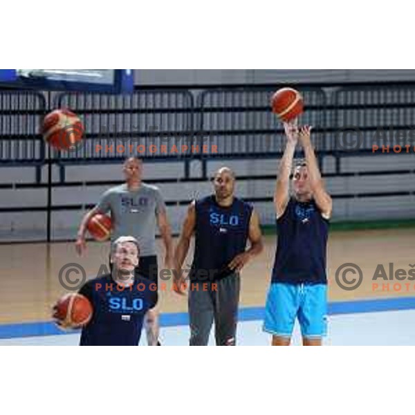 Jordan Morgan and Jakob Cebasek of Slovenia National Basketball team during a practice session in Arena Zlatorog in Celje on July 18, 2023