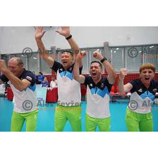 Slovenia team celebrate victory in semi-final of Girls Volleyball Tournament against Hungary at EYOF 2023, Maribor, Slovenia on July 28, 2023