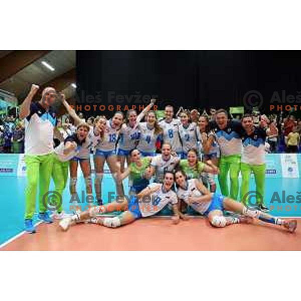 Slovenia team celebrate victory in semi-final of Girls Volleyball Tournament against Hungary at EYOF 2023, Maribor, Slovenia on July 28, 2023