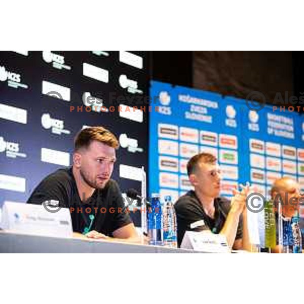 Luka Doncic and Vlatko Cancar at press conference in Ljubljana, Slovenia on July 29, 2023