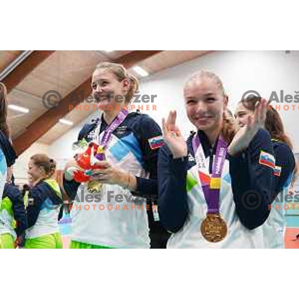 Nina Svetina and Eva Knezevic (SLO) celebrate gold medal in Girls Volleyball Tournament during EYOF Maribor 2023 in Maribor, Slovenia on July 29, 2023. Foto: Filip Barbalic