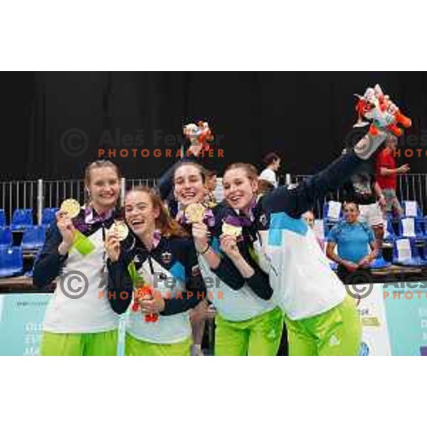 Nina Svetina, Ula Gorjup, Mija Gorjup and Nika Milosic (SLO) celebrate gold medal in Girls Volleyball Tournament during EYOF Maribor 2023 in Maribor, Slovenia on July 29, 2023. Foto: Filip Barbalic
